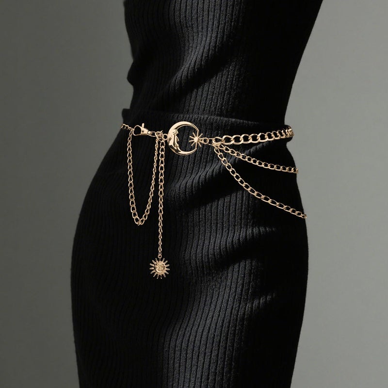 Pinsit Moon and Sun 3 Layered Metal Waist Chain Belt, Chain belt, Chain Belts for Women Dress Jeans(Golden) - Image 4